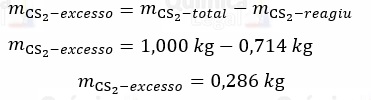 De 1 quilograma de sulfeto de carbono disponível, apenas 0,714 quilograma reage, sobrando 0,286 quilograma