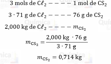 São necessários 0,714 quilograma de sulfeto de carbono pra reagir com 2 quilograma de gás cloro