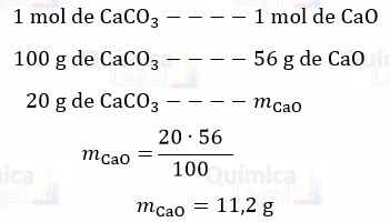 A reação de 20 gramas de carbonato de cálcio produz 11,2 gramas de óxido de cálcio