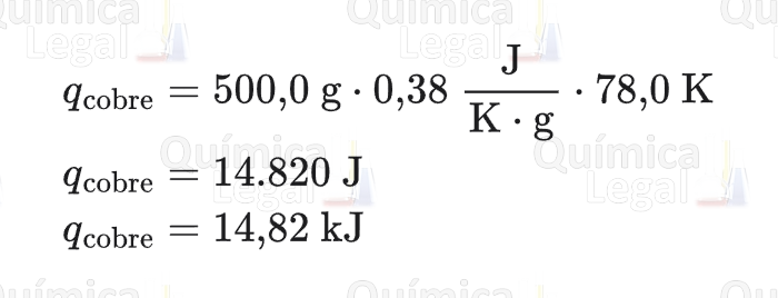 q cobre = 500,0 g × 0,38 J/(K·g) × 78,0 K = 14.820 J = 14,82 kJ.
